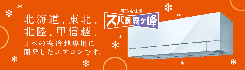北海道、東北、北陸、甲信越。日本の寒冷地専用に開発したエアコンです。寒冷地仕様　ズバ暖霧ヶ峰